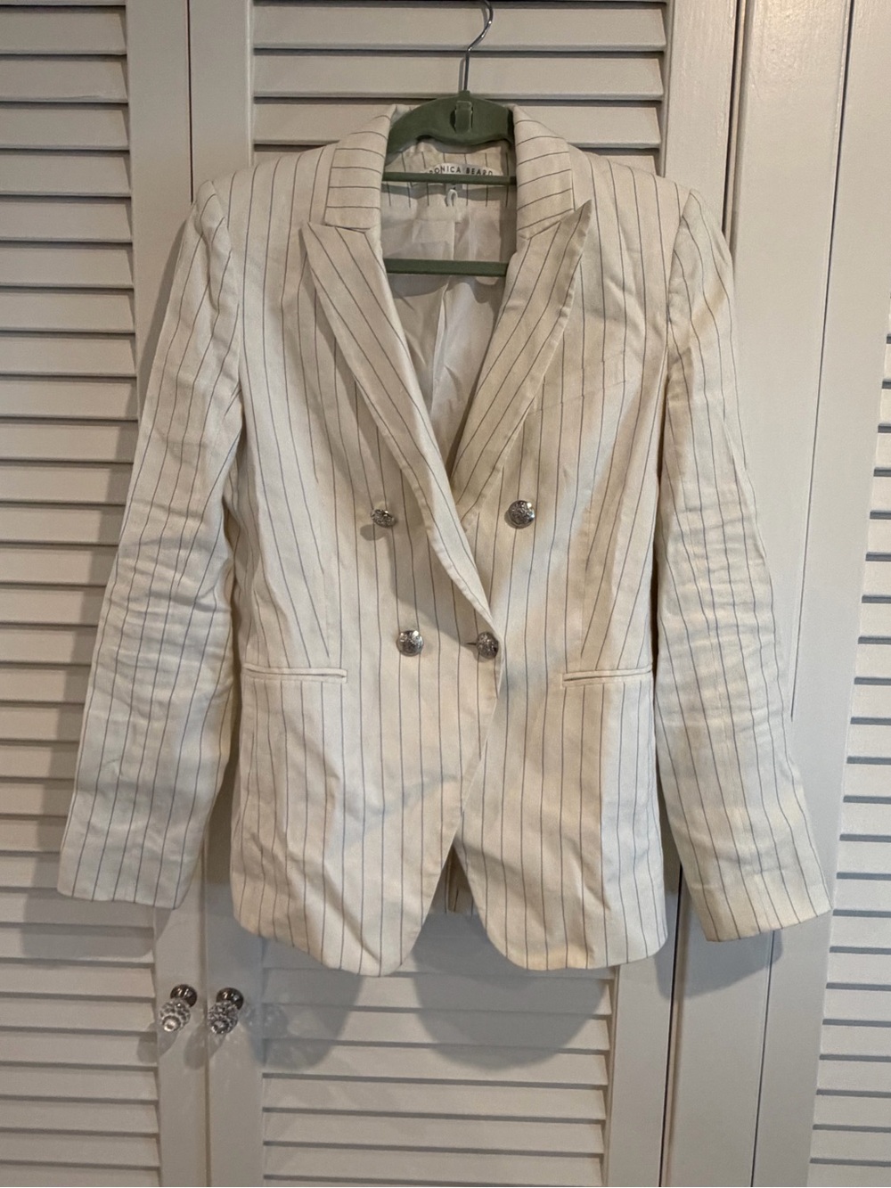Veronica Beard Cream Blazer with Navy Pinstripes
